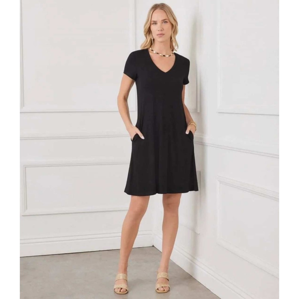 Karen Kane Women's V-Neck Pocket Shift Jersey Dress Black L Little Black Dress